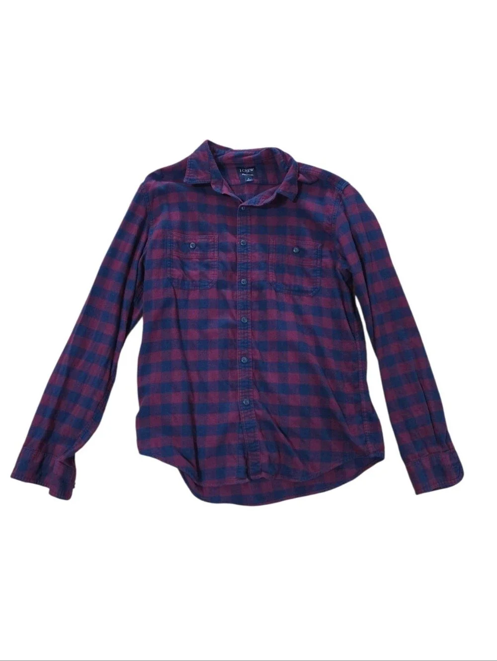 J. Crew Mens Flannel Shirt Large Buffalo Plaid Button Down Navy Burgundy Cotton